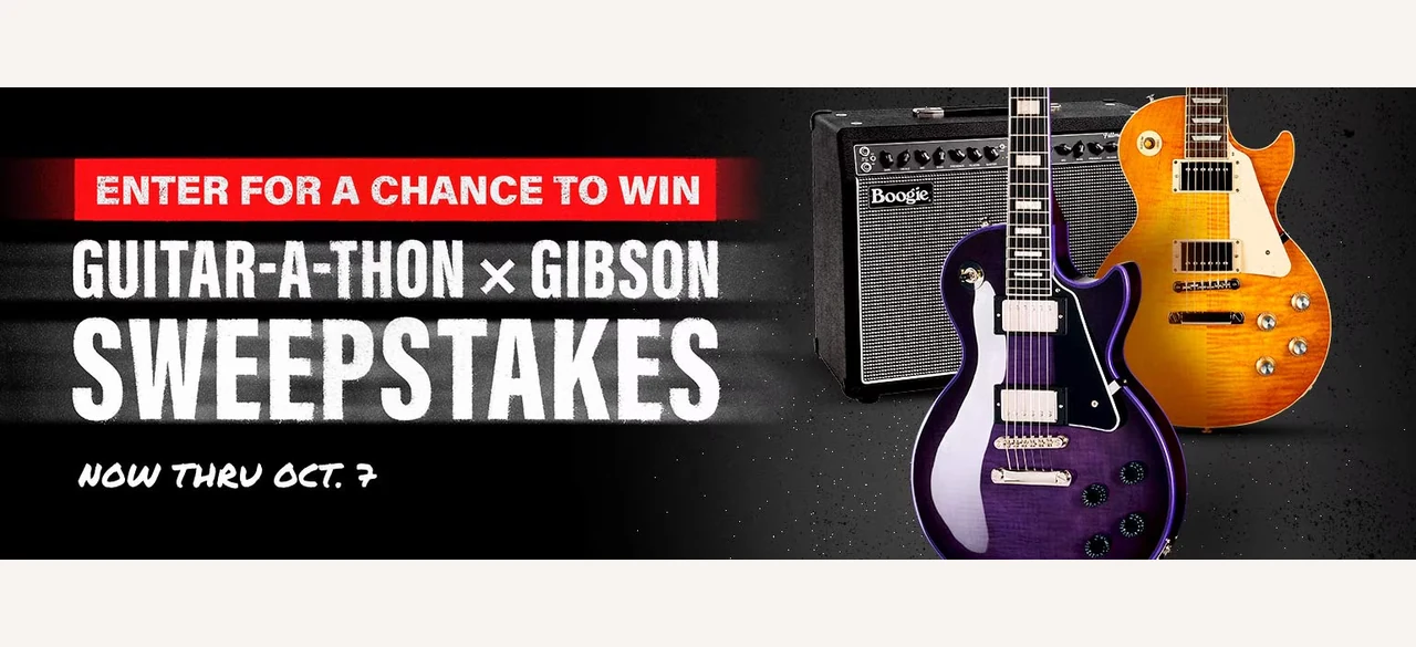 Official Guitar Center promotion artwork for the Guitar-A-Thon × Gibson Gear Giveaway sweepstakes.