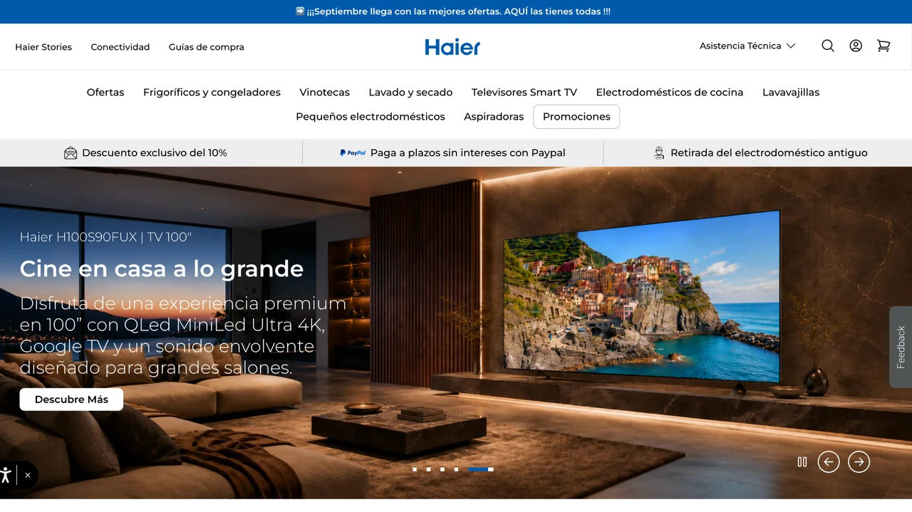 Captura del sitio oficial de Haier en España mostrando televisores Smart TV y el contexto visual de la promoción.