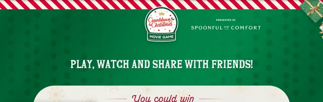 Hallmark Channel Countdown to Christmas Movie Game page with the headline «You could win $20,000» and a Spoonful of Comfort e-gift card.