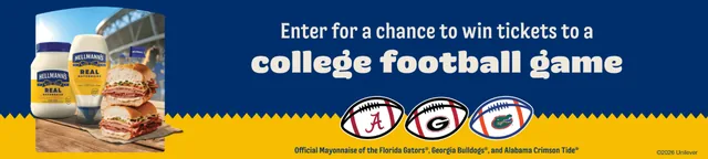 Hellmann's Game Day Ready banner reading "Enter for a chance to win tickets to a college football game" with Hellmann's mayonnaise, a sandwich and Alabama, Georgia and Florida footballs.