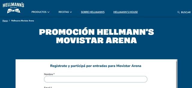 Hellmann’s M.A. Octubre 2026: entradas para Movistar Arena Captura oficial de la promoción Hellmann’s Movistar Arena con formulario de registro para participar por entradas