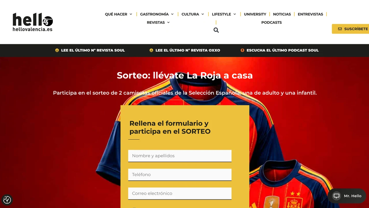 Página oficial de Hello Valencia con el sorteo llévate La Roja a casa y el formulario para participar por camisetas oficiales de la Selección Española.