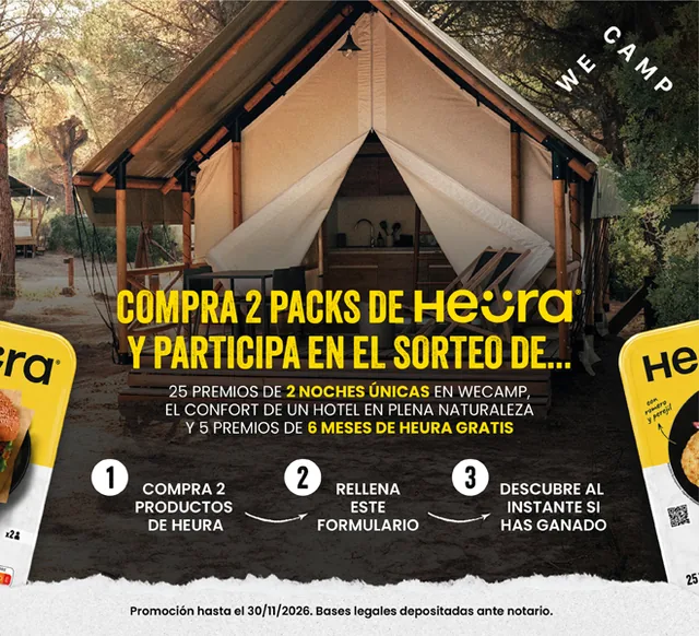 Imagen de la promoción Heura x Wecamp con el producto de Heura y la estancia en Wecamp.