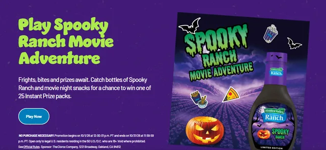 Hidden Valley Ranch page for the Spooky Ranch Movie Adventure with a limited-edition Spooky Ranch bottle, a jack-o'-lantern and movie snacks.