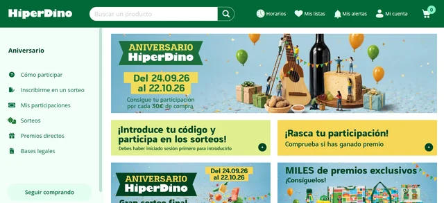 Página oficial del aniversario HiperDino 2026 con el banner promocional y los accesos para introducir códigos y participar en sorteos.