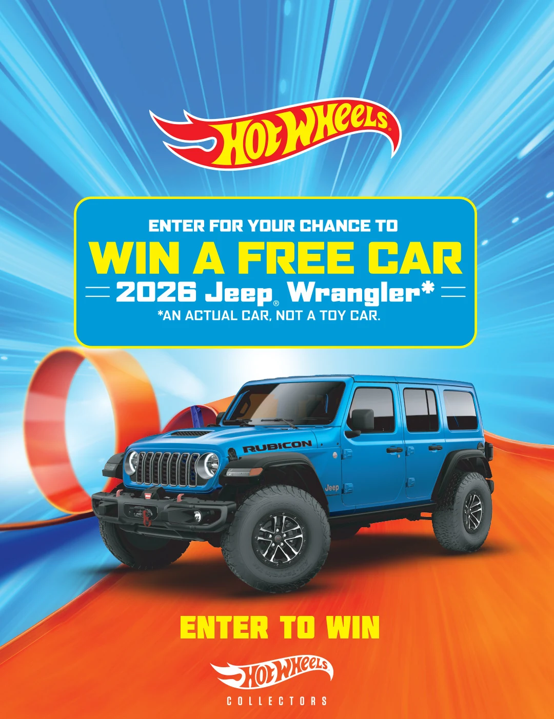 Hot Wheels — 2026 Jeep Wrangler Sweepstakes Official Hot Wheels promotion image advertising a chance to win a 2026 Jeep Wrangler.