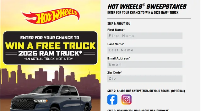 Hot Wheels 2026 Ram Trucks Sweepstakes page showing a Ram 1500 truck next to Hot Wheels toy cars.