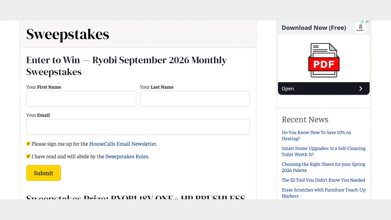 HouseCalls sweepstakes form for the Ryobi September 2026 monthly sweepstakes.