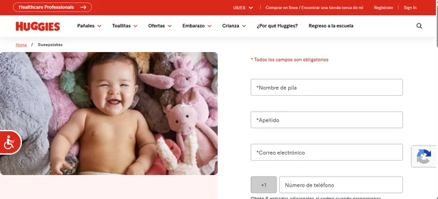 Página oficial en español del sorteo Huggies 2026 para ganar pañales durante un año