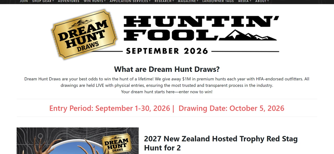 Huntin’ Fool September 2026 Dream Hunt Draws Official Huntin’ Fool September 2026 Dream Hunt Draws page showing the September draw and New Zealand trophy red stag hunt