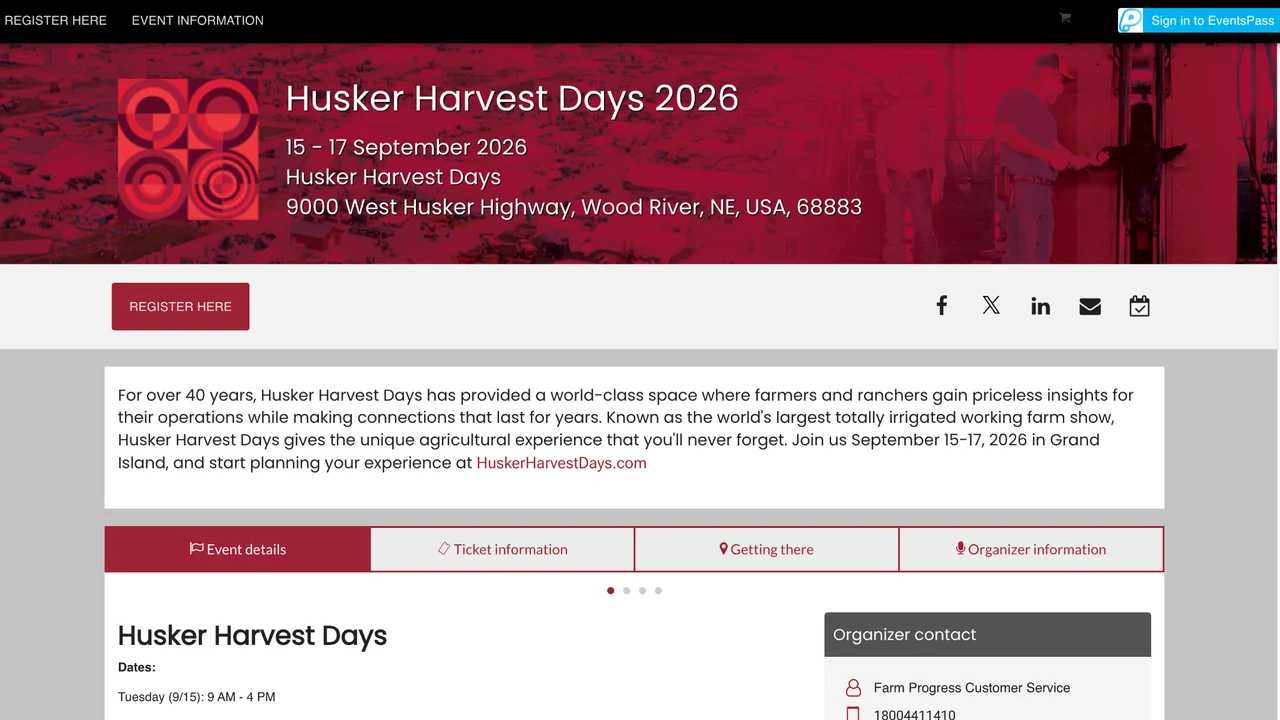 Husker Harvest Days 2026 registration page with event dates and the Register Here button.