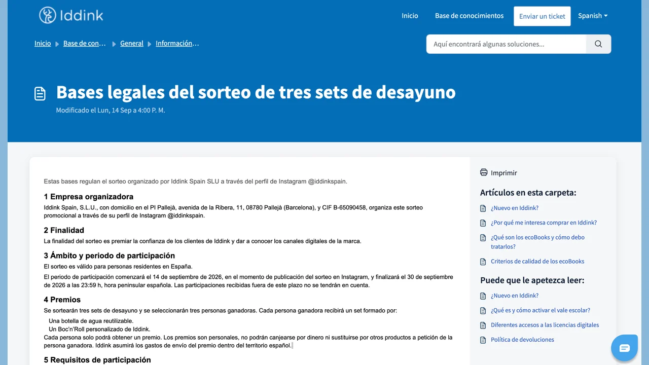 Página oficial de Iddink con las bases legales del sorteo de tres sets de desayuno.