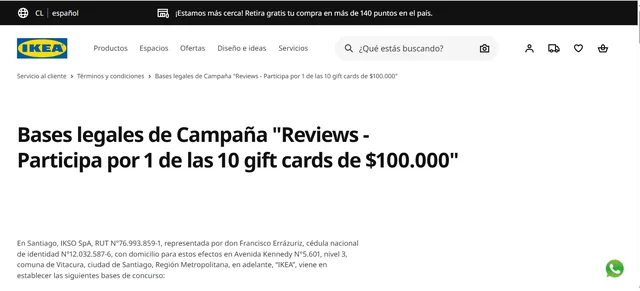 Página oficial de IKEA Chile con las bases del concurso Reviews para ganar una de 10 gift cards de $100.000