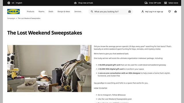 Official IKEA Lost Weekend Sweepstakes page with headline and prize summary.