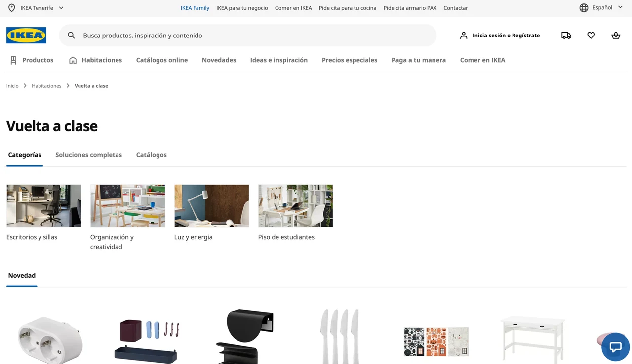 Página de IKEA Tenerife con la sección Vuelta a clase y varias categorías de estudio y organización.