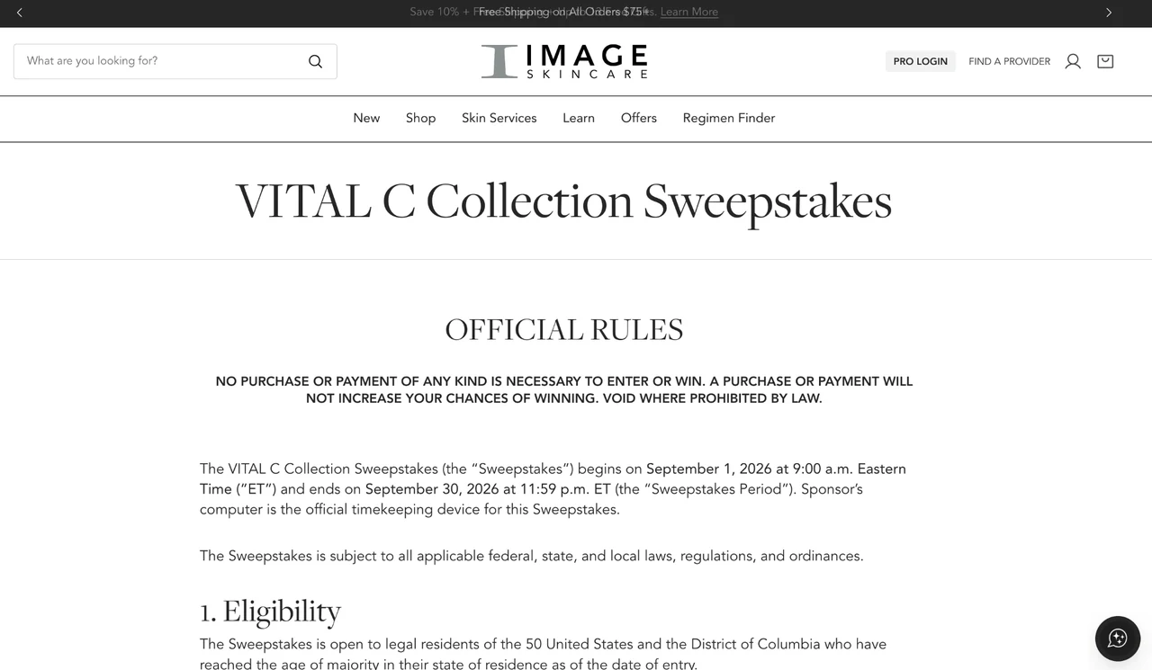 IMAGE Skincare — VITAL C Collection Sweepstakes Official rules page for the IMAGE Skincare VITAL C Collection Sweepstakes.