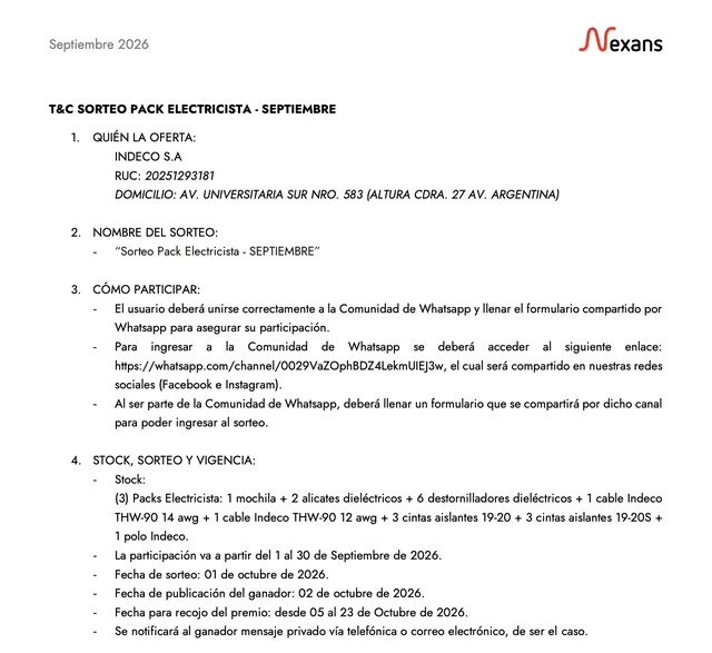 Primera página de las bases oficiales del Sorteo Pack Electricista Septiembre 2026 de INDECO by Nexans.
