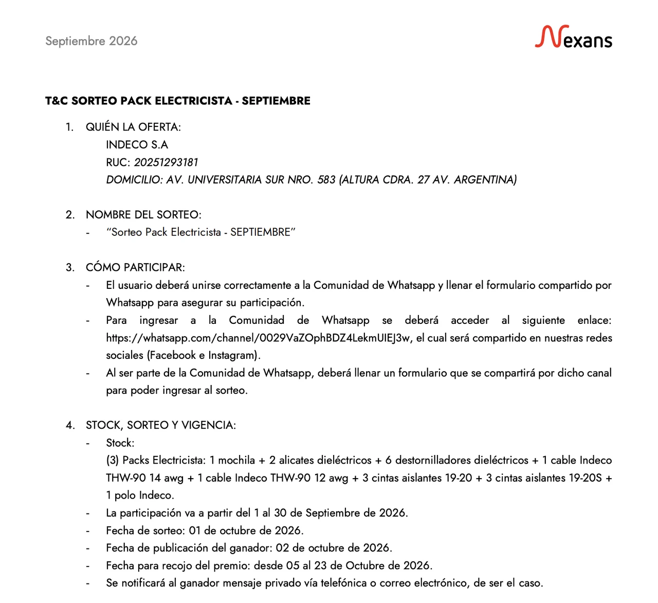 INDECO by Nexans — Sorteo Pack Electricista Septiembre 2026 Primera página de las bases oficiales del Sorteo Pack Electricista Septiembre 2026 de INDECO by Nexans.