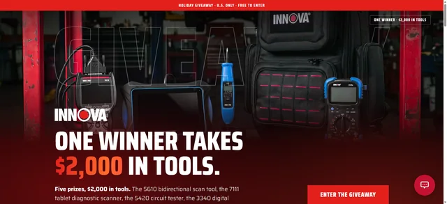 Official Innova Holiday Giveaway page showing the $2,000 tools prize bundle.