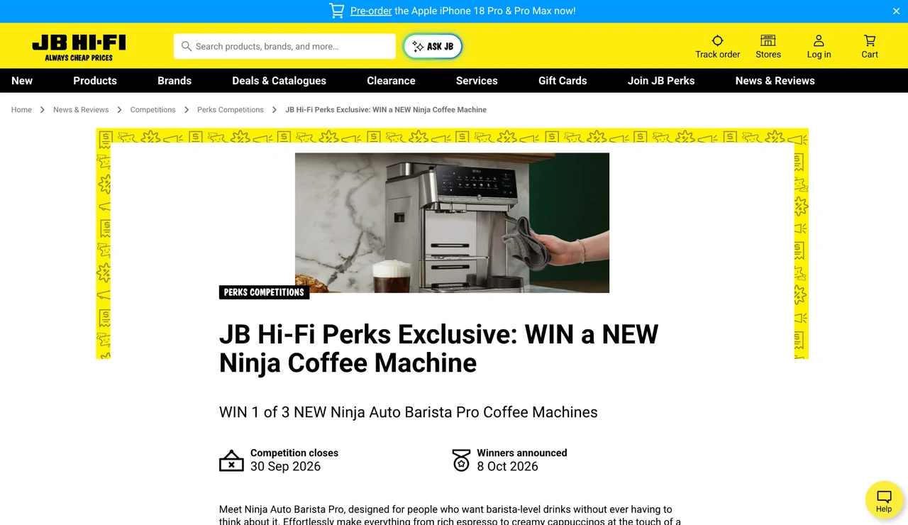 Official JB Hi-Fi Perks competition page screenshot featuring the Ninja coffee machine prize.