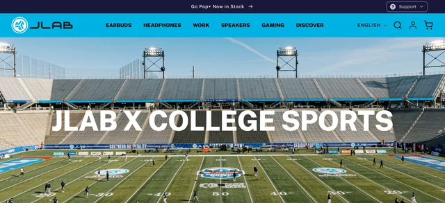 JLab college sports campaign hero showing a football stadium and the words JLab x College Sports.