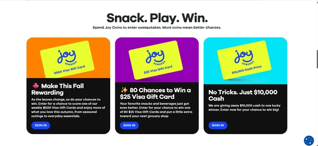 Joy Rewards 2026 sweepstakes page showing $500 and $25 gift cards and a $10,000 cash prize