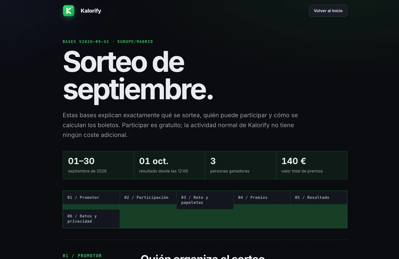 Captura oficial de Kalorify con la página de bases del Sorteo de septiembre 2026.