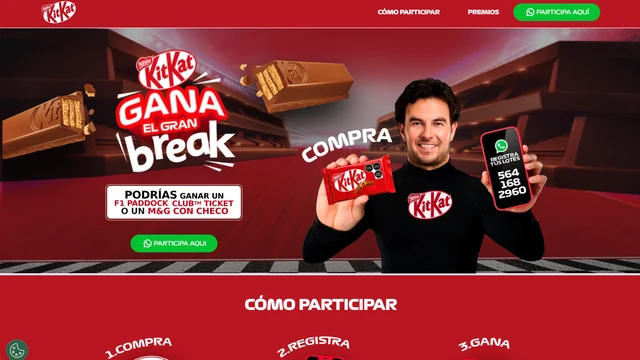 Captura de la promoción KitKat Gana el Gran Break con Checo Pérez y premios de Fórmula 1