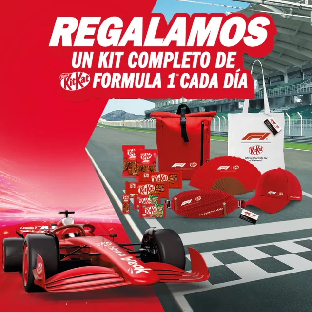 Visual oficial de la promoción KitKat Fórmula 1 con el coche de F1, los kits de gadgets y el mensaje de regalo diario.