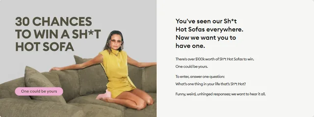 Koala giveaway page with the headline 30 chances to win a Sh*t Hot Sofa and a woman in a yellow dress sitting on an olive sofa.