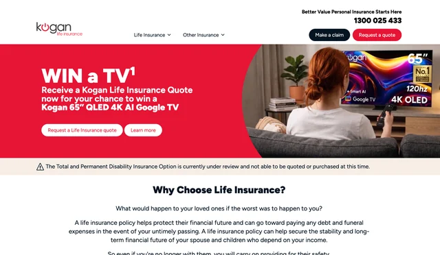 Official Kogan Life Insurance homepage screenshot showing the TV giveaway for requesting a quote.