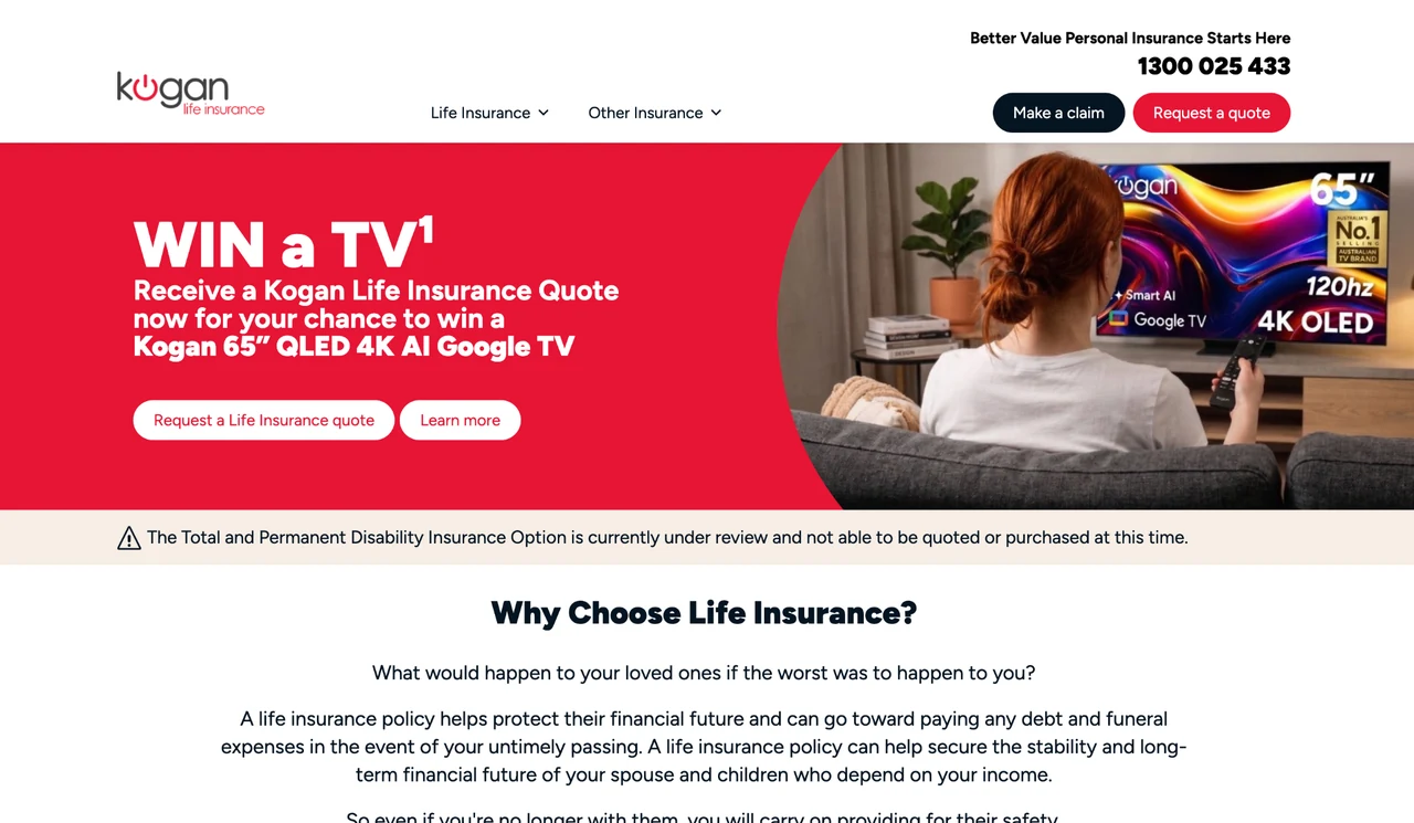 Official Kogan Life Insurance homepage screenshot showing the TV giveaway for requesting a quote.