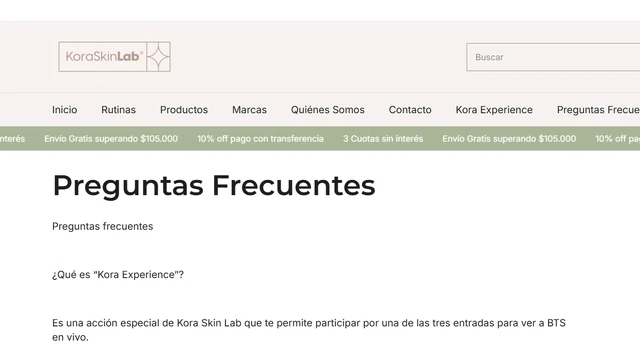 Kora Experience 2026: gana una entrada para ver a BTS en Argentina Página de preguntas frecuentes de Kora Skin Lab con la explicación de Kora Experience para ver a BTS en vivo.