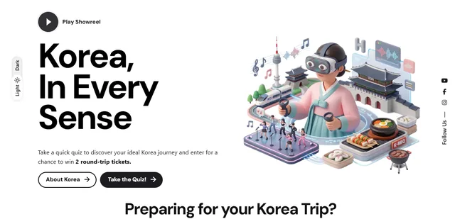 Korea Now website homepage with the headline Korea, In Every Sense and an invitation to take a quiz and enter for a chance to win two round-trip tickets.