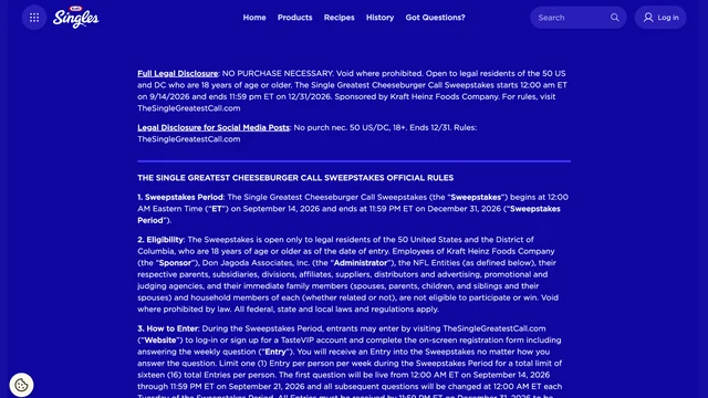 Official Kraft Singles legal disclosure and rules page for The Single Greatest Cheeseburger Call Sweepstakes.