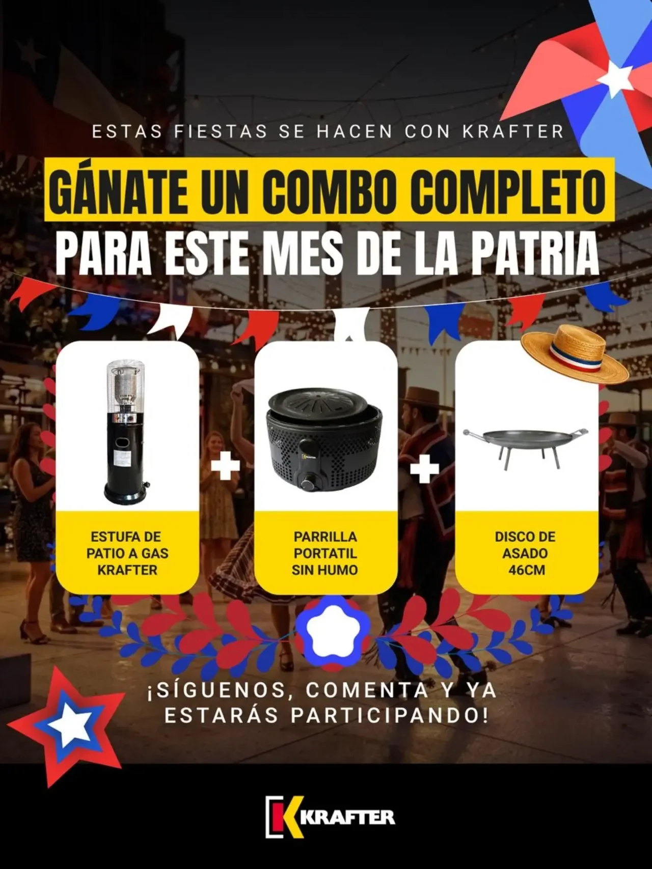 Creatividad oficial del sorteo de Fiestas Patrias 2026 de Krafter Chile con los tres productos del premio.