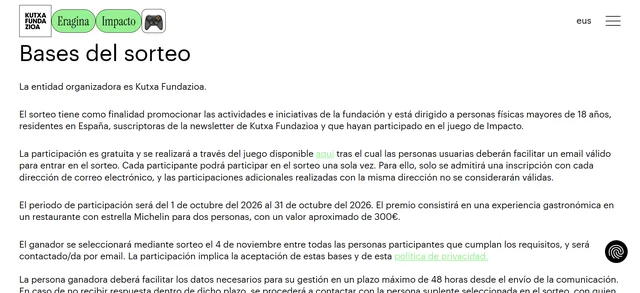 Página oficial del sorteo de Kutxa Fundazioa Impacto con las bases legales de la experiencia Michelin para dos.