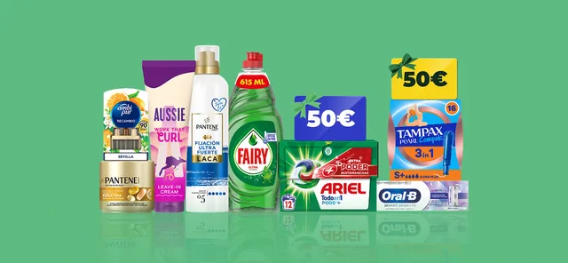 Productos de marcas P&G como Ariel, Fairy y Oral-B junto a tarjetas de 50 € sobre fondo verde en la página de la promoción de La Cuponera.