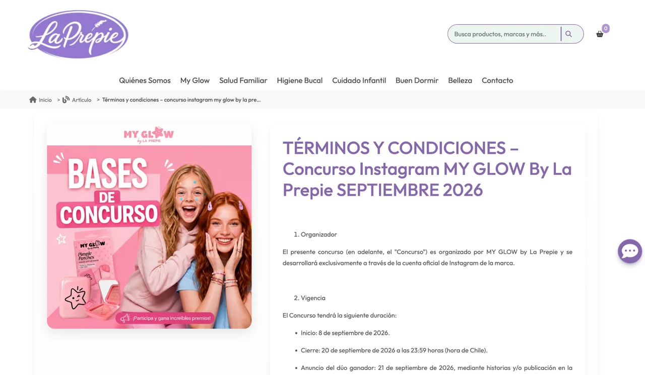 Captura oficial de La Prepie con las bases del concurso Instagram MY GLOW de septiembre de 2026.