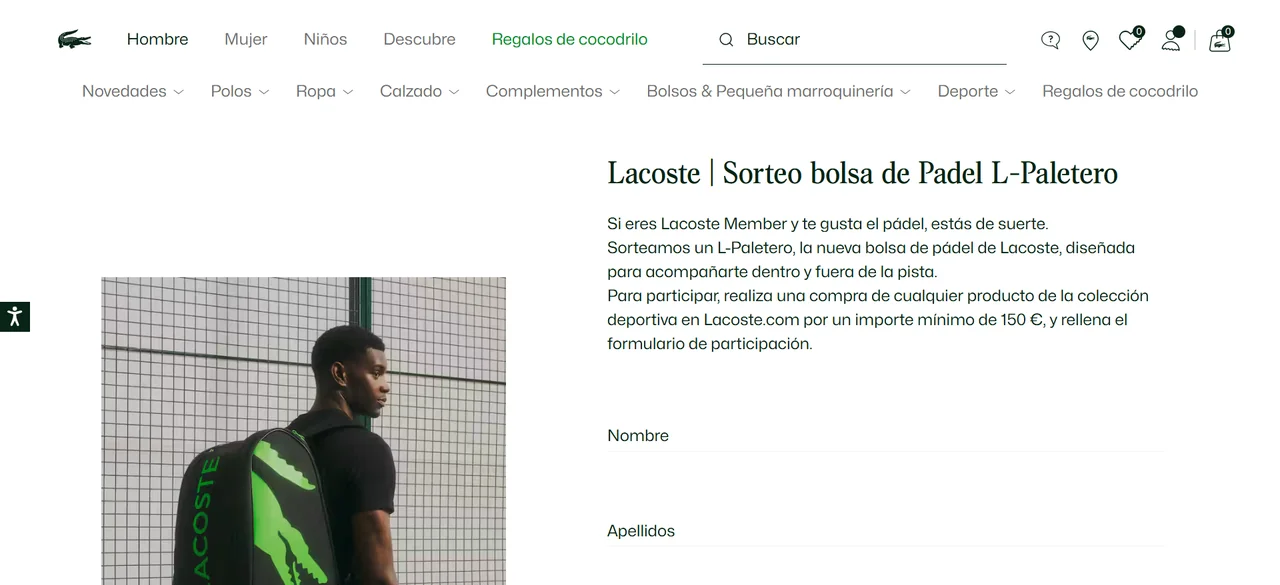 Página oficial de Lacoste para el sorteo de la bolsa de pádel L-Paletero 2026.