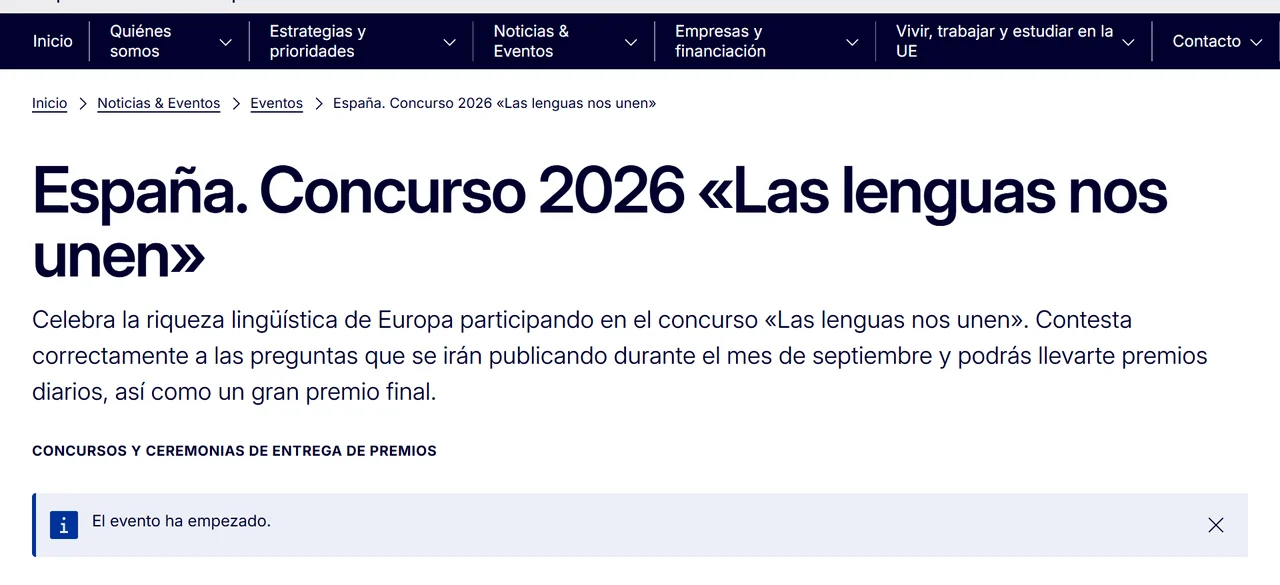 Página oficial del concurso Las lenguas nos unen 2026 de la Comisión Europea en España.