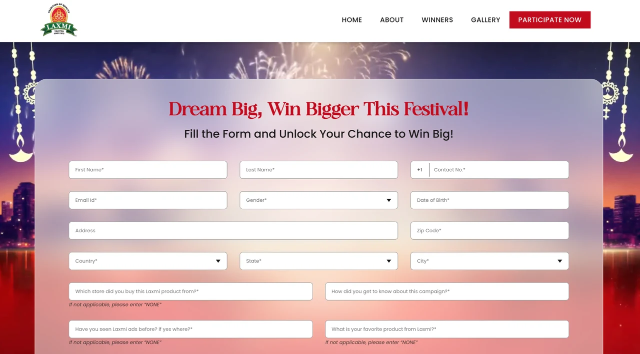 Laxmi Dream Big, Win Bigger Sweepstakes 2026 Laxmi Dream Big, Win Bigger entry form with the Participate Now button and festival-themed artwork.