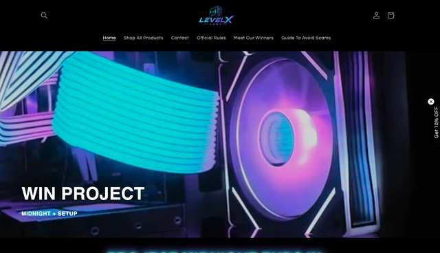 Official LevelX Labs Project Midnight giveaway page showing the gaming setup visual and navigation to the official rules.