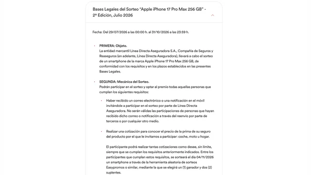 Bases legales del sorteo de Línea Directa para ganar un iPhone 17 Pro Max 256 GB.
