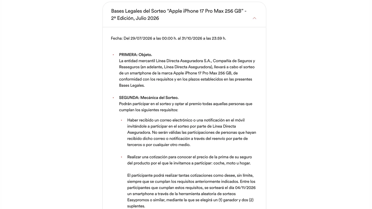 Bases legales del sorteo de Línea Directa para ganar un iPhone 17 Pro Max 256 GB.