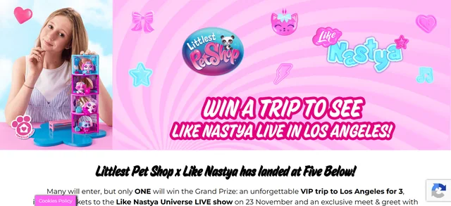 Promotional banner for the Littlest Pet Shop x Like Nastya sweepstakes announcing the chance to win a trip to Los Angeles.