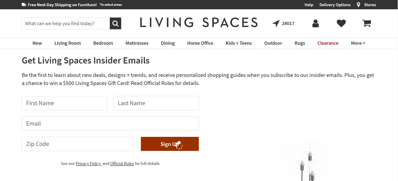 Official Living Spaces email sign-up page highlighting the September monthly giveaway for a $500 gift card.