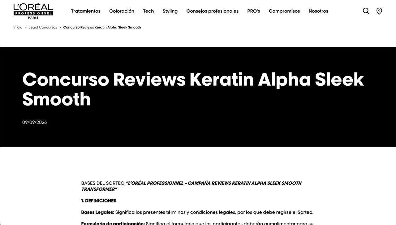 Captura oficial de L’Oréal Professionnel con el encabezado del Concurso Reviews Keratin Alpha Sleek Smooth.
