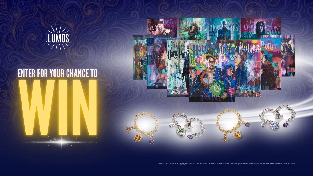 Official Lumos prize-draw banner featuring the Stuart McAlpine Miller print collection and bracelet prizes.