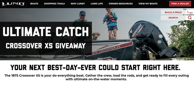 Lund Ultimate Catch Crossover XS Giveaway page showing the 1875 Crossover XS boat